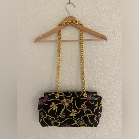 Versace inspired Fabric Tote Shoulder Bag Heavy Gold Chain Handles - Picture 2 of 5